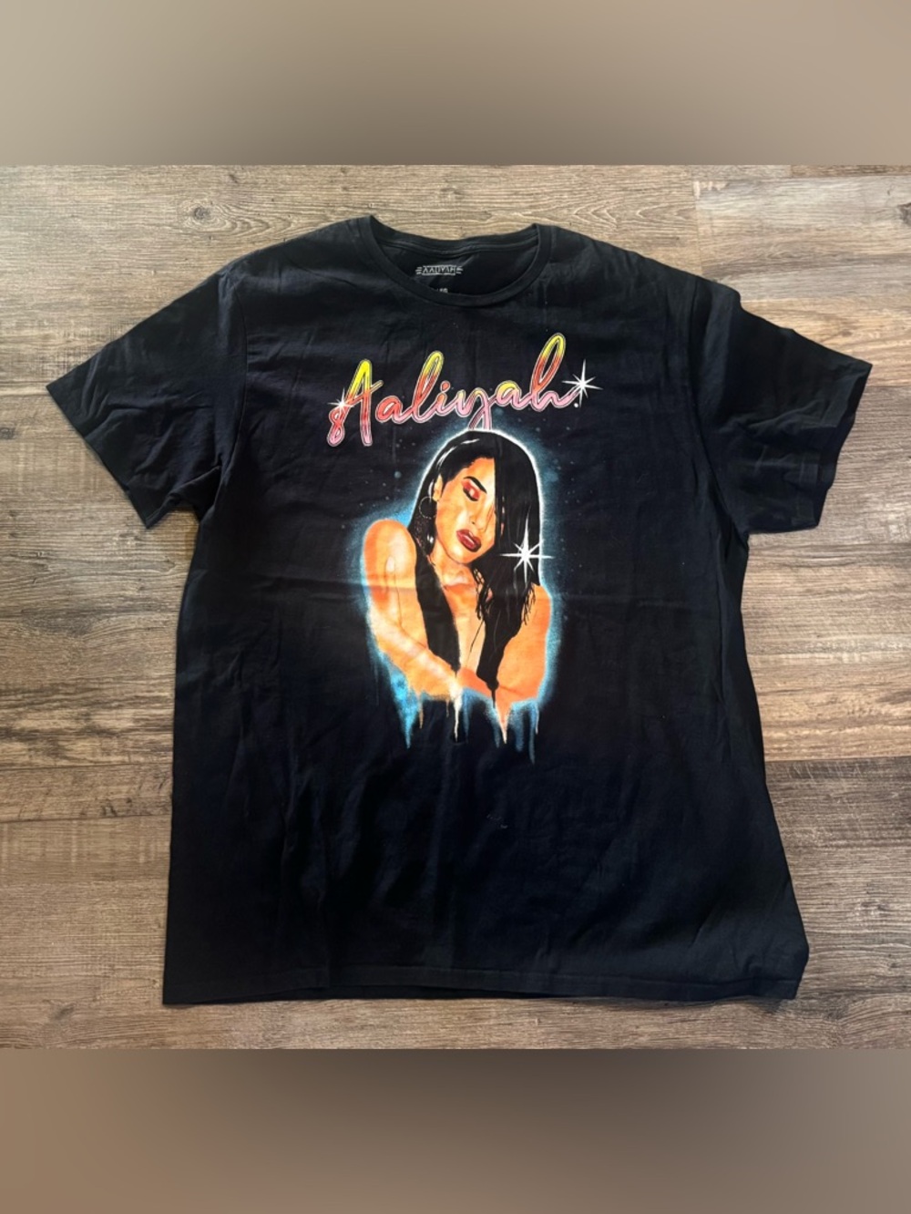 Black Graphic Short-Sleeve Tee with Retro Script size XL women’s rap tee Aaliyah